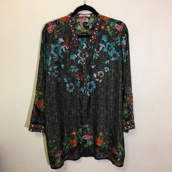 Johnny Was Kennedy Silk Embroidered Tunic Top Blouse Dragons Floral Artsy (IB) - Picture 6 of 16